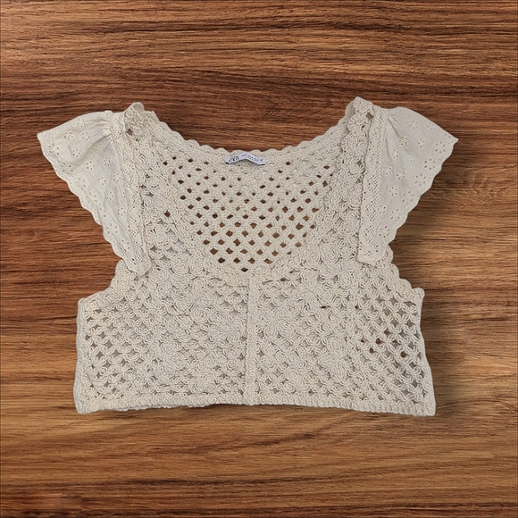 Zara Tops - Zara Woman Ivory Cream Crochet Crop Top Bralette Cap Flutter Sleeve Summer M
